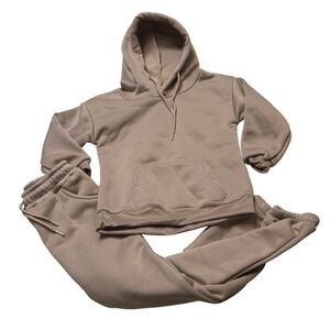 NWOT Girls Unbranded Taupe Pink Fleece Hoodie Jogger Tracksuit Set Size 120